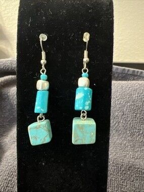 Turquoise and silver cube bead dangle earrings.